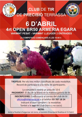 Un año mas celebramos en Terrassa el 4ª OPEN de BR50 Varmint pesado y Varmint ligero, dos entradas.
Competición 00