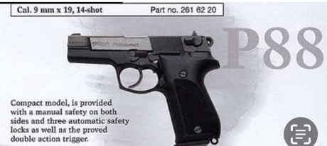 Se ofrece una magnífica pistola Walther P88 Compact cal. 9x19 cachas de madera nill, 1 cargador de 14 11
