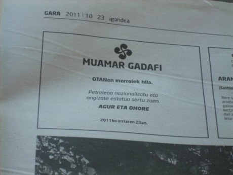 El diario Gara publica este domingo una esquela del dictador Muamar Gadafi, muerto este mismo jueves en 00