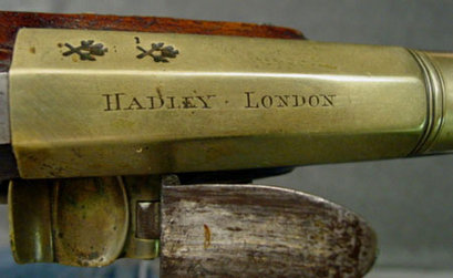 Extremely fine, original flintlock, brass barrel, bell muzzle holster pistol by H. Hadley, London, Circa: 11