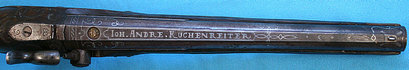 A fine German dueling pistol, numbered on the tang as two of a pair, by Johann Andreas Kuchenreiter I 32