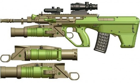 Le llaman: Steyr AUG EF88

Parece pensado para disparar mas de un calibre, y especialmente modificada 10