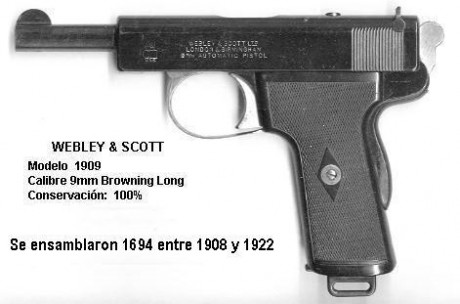 He aquí curioso y vieja pistola automática Webley&Scott modelo 1905 en calibre 7,65 mm, cargador 7 90