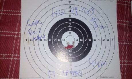 Esta es la agrupacion que la hw98 me ha hecho a 45 m medidos ,con ft tropi ,10 disparos,los podria firmar 60