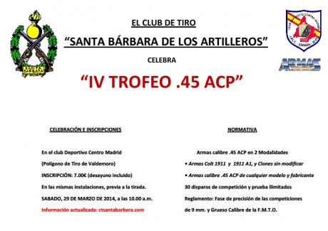 Adjunto invitación al IV Trofeo .45 ACP  que celebrará el Club Santa Bárbara de los Artilleros en las 00