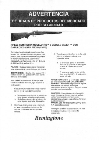 Remington 
ADVERTENCIA DE SEGURIDAD DEL PRODUCTO Y RECUPERAR AVISO
Remington Arms Company, LLC ("Remington") 60