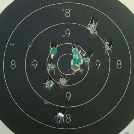 Esta mañana he estado tirando con la pistola (rochatte)  a una diana reciclada los trece tiros de rigor 11