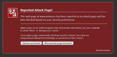 Desde esta tarde, cuando entro en armas.es me dice que la página es una web atacante que roba información, 100