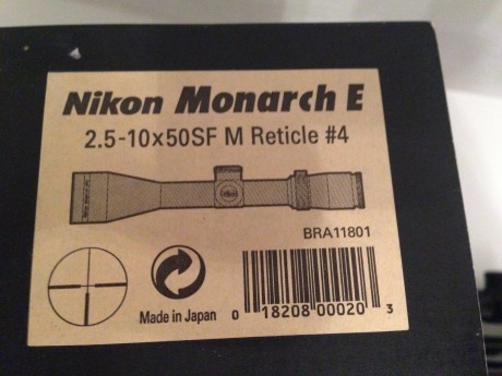 Vendo Visor Nikon Monarch E 2. 5-10x50SF M Reticle #4, Tubo de 30 mm, con garantía sellada para 30 años, 00