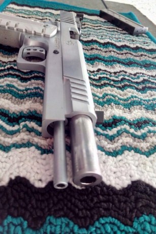 Es un arma con cargador monohilera, con cañón pesado de 6" y alza Aristocrat.                Entrego 11
