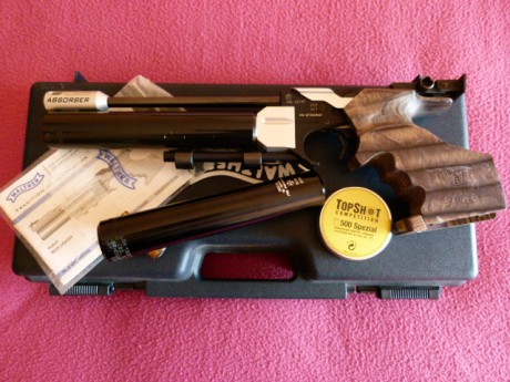 Pistola PCP para tiro olímpico
Cacha de madera laminada original Walther en tonos grises. Talla f (equivalente 02