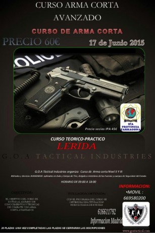 Hola a todos.

Esta vez, GOA tactical ofrece un curso de arma corta con plazas limitadas para 20 alumnos. 00