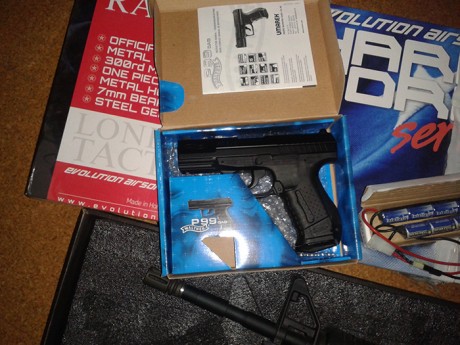 hola, vendo lote de M4A1 rancher de la marca evolution airsoft, full metal junto con pistola walther P99dao 01