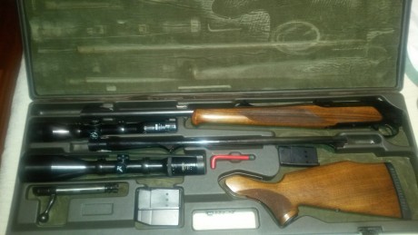 Equipo compuesto de Rifle Sauer 202 Cal. 7x64 mas cañón adicional Cal. 9, 3x62. Cerrojo con bola. Llaves 00