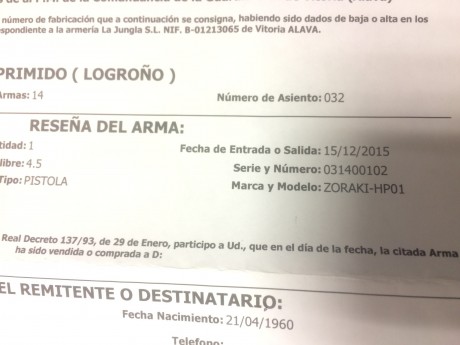 Vendo esta pistola comprada el 15/12/2015 en Armeria la Jungla como figura en el certificado
cal 4,5
3 02