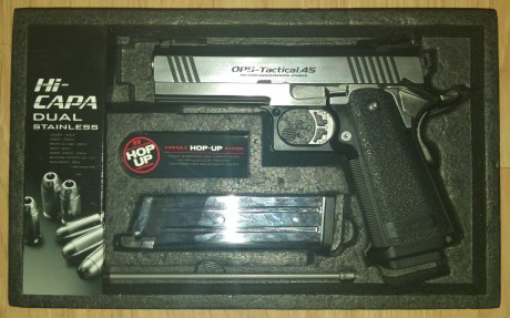 MARUI HI-CAPA 4.3 OPS TACTICAL 45 DUAL STAINLESS﻿
Blow Back: Sí
Hop-Up: Sí
Peso: 850 gr
Longitud: 199 01