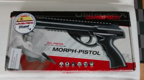 Vendo pisola UMAREX "MORPH PISTOL" de calibre 4,5 mm con los siguientes accesorios:
- Puntero 00