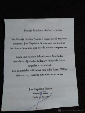 Vendo la siguiente pieza:

Navaja Exposito en mamut con acero VG10 Damascus y con el certificado del artesano.

Precio: 11
