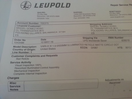 Visor de batida LEUPOLD VARI X III 1,5-5x20 retícula iluminada.
Me acaba de llegar del servicio tecnico 12