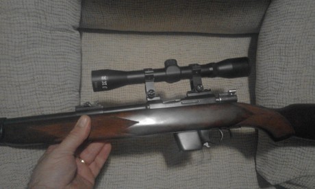 Carabina Destroyer del calibre 9 Largo, recién restaurada por un armero en Éibar, madera lacada, barnizada 00