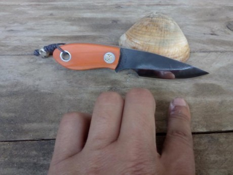Aquí os dejó mi último trabajo. 
Acero D2 con el filo pulido a espejo, 7cm de longitud dd filo, 9cm de 01