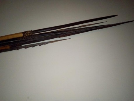 Arco "long Bow" de caza de la tribu Dani Dugum, con seis flechas talladas para diferentes presas 01