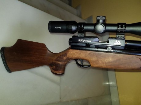 Por falta de tiempo vendo mi Air Arms S500 Carbine calibre 4.5 FAC con culata original de nogal. 
Lleva 02