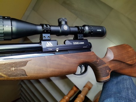 Por falta de tiempo vendo mi Air Arms S500 Carbine calibre 4.5 FAC con culata original de nogal. 
Lleva 01