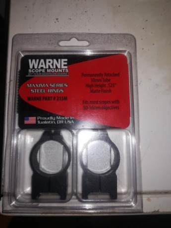 Hola, vendo anillas warne como nuevas, solo las monte y me falta altura,son para tubo de 30mm y para carril 00