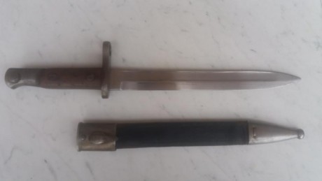 Vendo bayoneta en magnifico estado con su funda original.
Es de 1898 y esta fabricada en Toledo.
La pieza 01