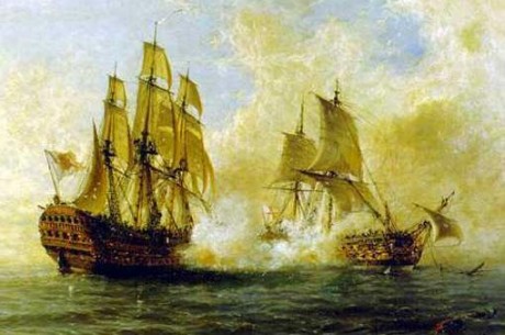  Combate del navío Glorioso con el británico Darmouth. 
Pintura de Angel Cortellini Sánchez, del Museo 00
