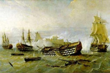  Combate del navío Glorioso con el británico Darmouth. 
Pintura de Angel Cortellini Sánchez, del Museo 20