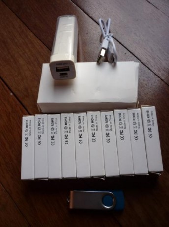 Son excedentes de una promocion comercial, 10 memorias USB de 4 GB, y un power bank de 2600 mAh. Como 00