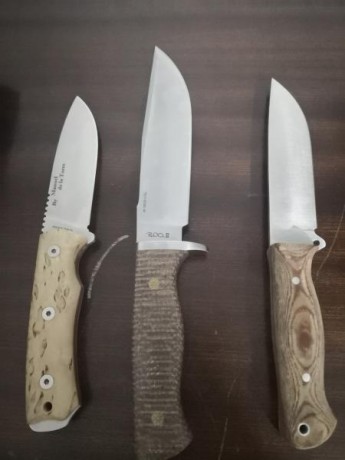 Se vende este lote compuesto de 2 cuchillos un nieto bushcraft acero 14c28, en acero y un Bowie en acero 00