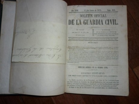 Antiguo boletin de la Guardia Civil, año 1875, con anotaciones manuscritas de la epoca, completo y en 00