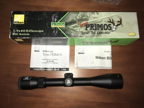 Vendo un visor nuevo marca Nikon TEAM PRIMOS 3-9x40 mm con reticula BDC y tubo  de 1".
Es una edición 01