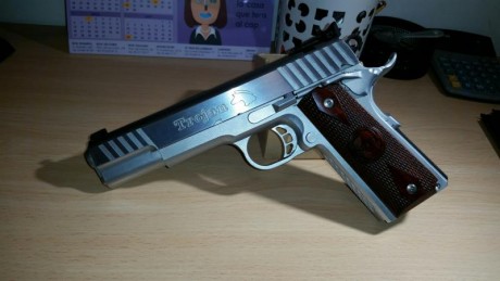 Vendo pistola STI Trojan 5" cromada de 9 mm y dos cargadores.
Está guiada en F y tiene poco uso.
El 00