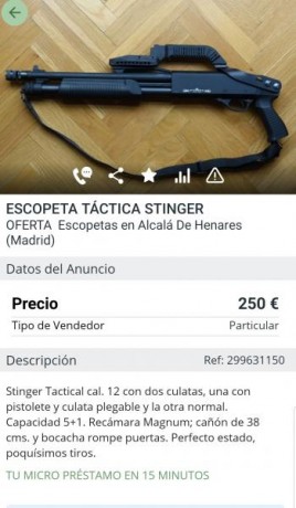 Stinger Tactical con dos culatas, una con pistolete y culata plegable y la otra normal. Capacidad 5+1. 10