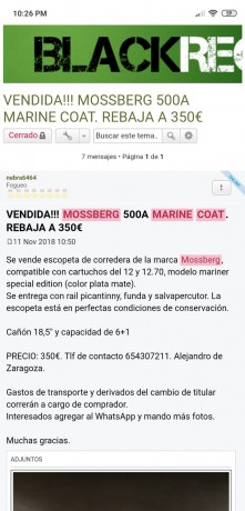 Se vende escopeta de corredera de la marca Mossberg, compatible con cartuchos del 12 y 12.70, modelo mariner 30