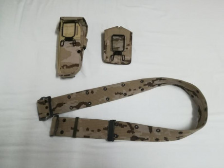 Vendo conjunto cinturón, funda y portacagador doble, tipo militar árido, es replica pero esta nuevo, la 01