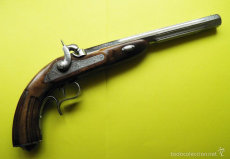 Dispongo de pistola Patriot de pedernal inscrita en Libro de Coleccionista, nueva, con caja original, 10