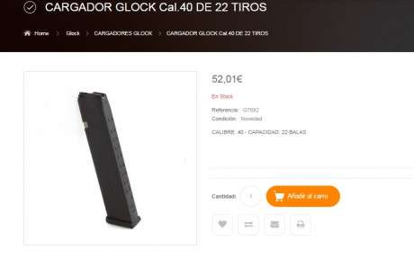 Vendo 1 cargador original Glock de alta capacidad (22 cartuchos 40SW) compatible con cualquier modelo 20
