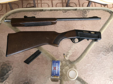 semiautomática , cañón roscado, incluye cargador de 15 balas . Agrupa muy bien. Muy ligera, se monta y 02
