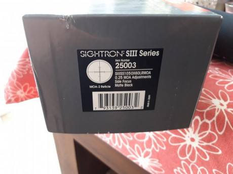 Vendo visor SIGHTRON 10X50X60 reticula O.25 MOA esta nuevo ni un rasguño, se puede probar en club de tiro.
850€ 02