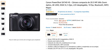 Canon PowerShot SX740 HS 2019 - Cámara compacta de 20.3 MP (40x Zoom óptico, 4K UHD, DIGIC 8, 5 Ejes, 01