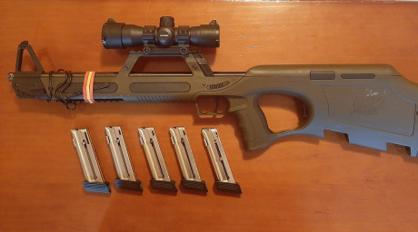 Se vende carabina Walther G-22 con punto rojo y 5 cargadores + láser,  250 € + portes
La carabina se encuentra 01