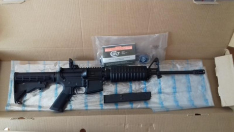 Vendo carabina AR-15 en calibre 9 mm con cañón de 16". Se compró nueva en agosto del 2018. Hasta 11