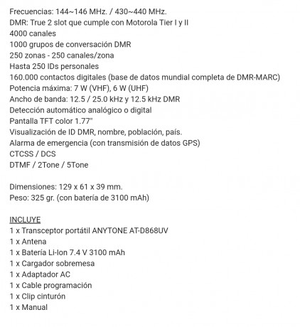 Vendo Walkie Talkie AnyTone AT-D868UV,  sistema DMR. Bibanda, frecuencias digitales VHF y UHF. También 20