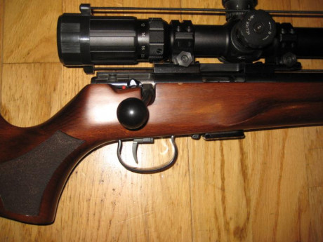 Anschutz 1517 D HB con culata beavertail.
Construida sobre una acción 64
Visor Müeller 8-32x44 con retícula 01