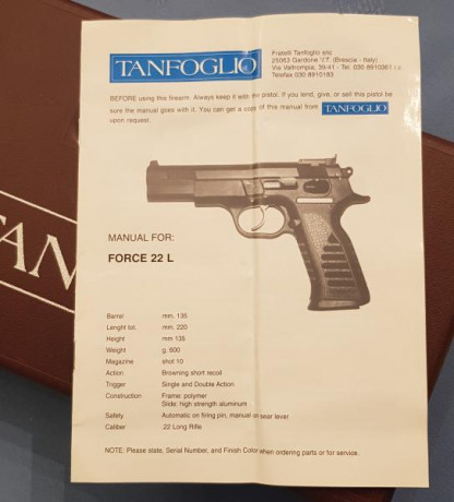 A la venta pistola Tanfoglio modelo Force 22 L, el arma pertenece a mi mujer que se apuntó a lo del tiro 01